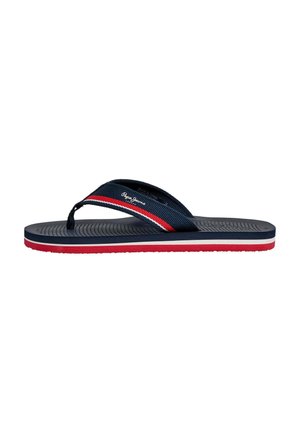 Marineblaue, rote und weiße Flip-Flops mit Stoffriemen und strukturiertem Fußbett, mit Pepe Jeans Logo auf dem Riemen.