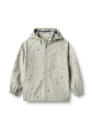 Lysegrå hættetrøjejakke med fuld lynlås og elastiske ærmeafslutninger, dekoreret med små spredte multifarvede bogstaver og figurer.