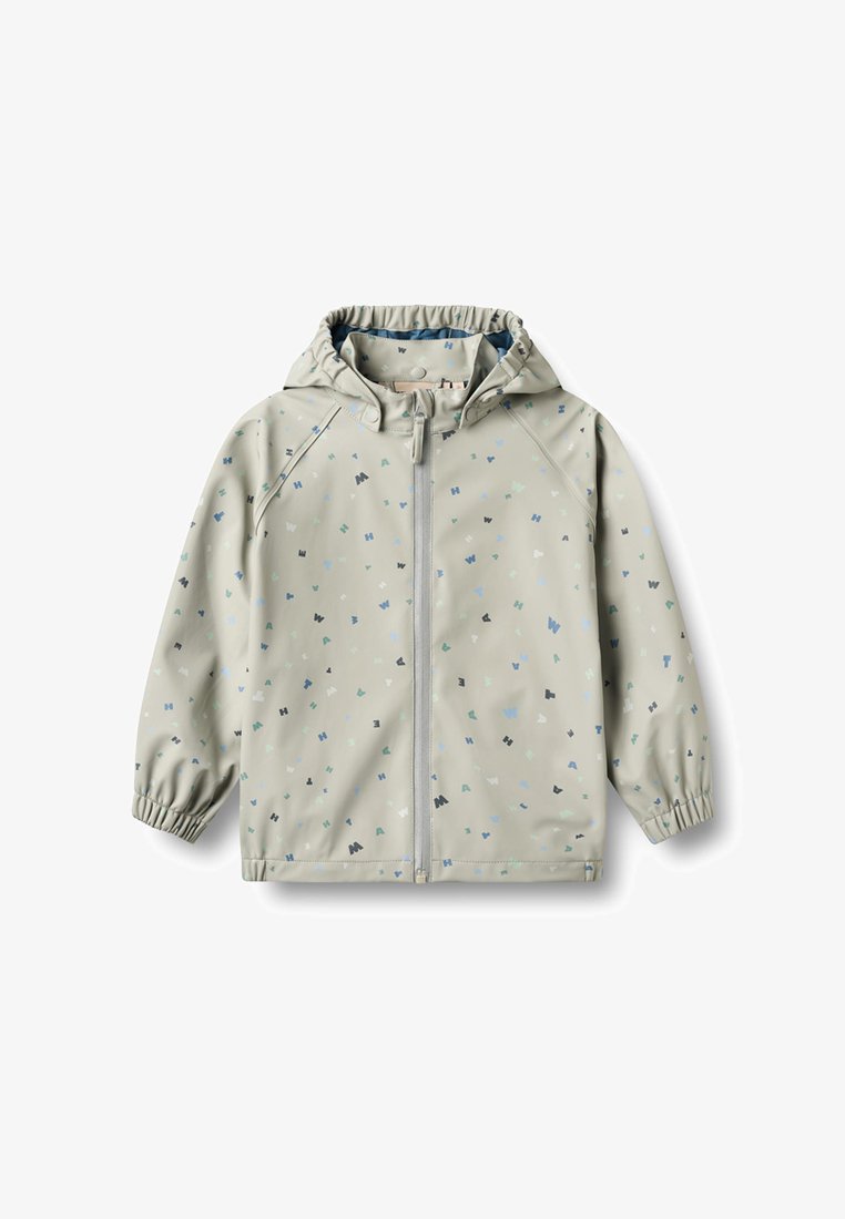 Veste à capuche gris clair avec fermeture éclair complète et poignets élastiques, décorée de petites lettres et formes multicolores dispersées.