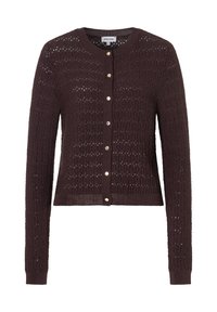 Bruine gebreide cardigan met een ronde halslijn, lange mouwen en een knoopsluiting, voorzien van een opengewerkt patroon en subtiele metalen knopen.