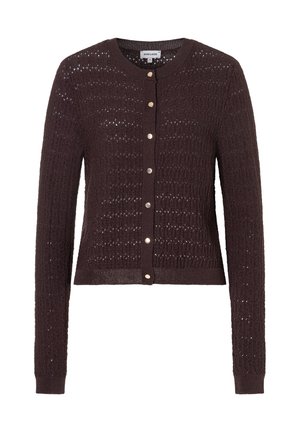 Brown knitted cardigan with a round neckline, long sleeves, and a button front, featuring an openwork pattern and subtle metallic buttons.