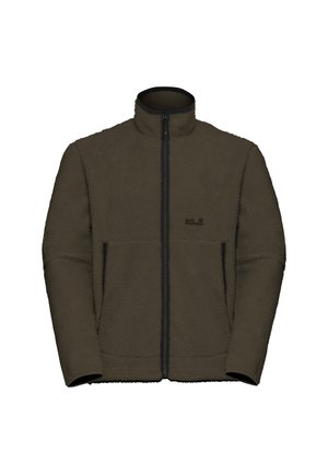 Giacca in fleece di colore verde oliva scuro, con colletto alto, chiusura a zip completa e tasche laterali con zip nera. Tessuto morbido e testurizzato.