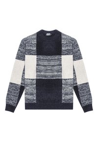 Maglione con collo rotondo, caratterizzato da un motivo a blocchi nei colori blu navy, grigio chiaro e crema, con texture e stili di lavorazione differenti.