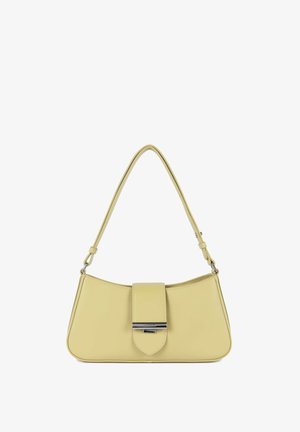 Yellow leather handbag with a curved shape, adjustable shoulder strap, and a prominent flap closure featuring silver hardware.