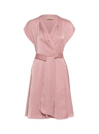 Wrap dress in soft, light pink fabric. Features short sleeves, deep V-neck, and a matching waist belt. Smooth texture with draped design.