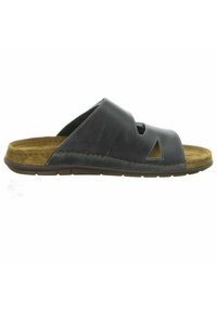 Sandalo in pelle scivolato di colore grigio scuro con accenti triangolari a ritaglio. Soletta in suede imbottita e suola in gomma flessibile per il massimo comfort.
