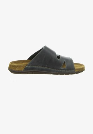 Leren slipper in donkergrijs met uitgesneden driehoekige accenten. Gevoerd suède voetbed en flexibele rubberen zool voor comfort.