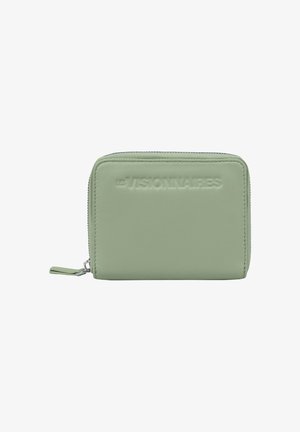 Green leather wallet with a zip closure, embossed "VISIONNAIRES" logo, smooth texture, and rectangular shape.