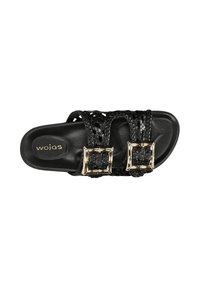 Infradito neri con cinturini sintetici intrecciati, dotati di due fibbie metalliche quadrate. Suola nera liscia; logo del marchio visibile sulla soletta.