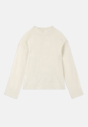 Cream-colored sweater with a round neckline, long sleeves, and a soft, textured knit fabric. Features ribbed cuffs and hem.