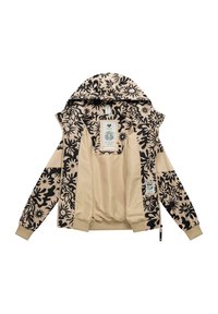 Veste beige à capuche avec motifs noirs de soleil et motifs abstraits, fermeture éclair à l'avant, poignets élastiques, et écussons sur l'intérieur et la manche.