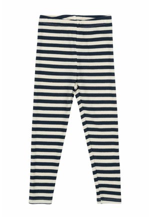 Meripihka ja kerma raidalliset legginsit, jotka on valmistettu ribatusta kankaasta, varustettu joustavalla vyötäröllä ja tiukalla siluetilla.
