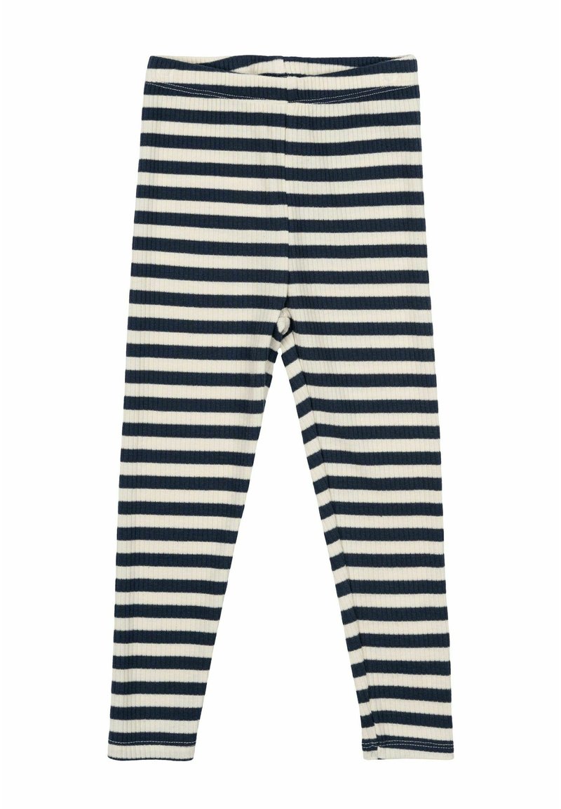Marineblå och gräddfärgade randiga leggings i ribbat tyg, med ett elastiskt midjeband och en åtsittande silhuett.
