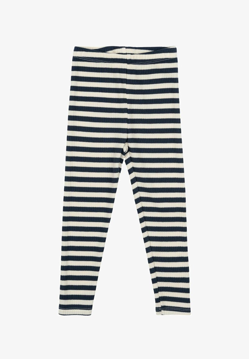 Tengerés és krémszínű csíkos leggings, ribbelt anyagból készült, elasztikus derékrésszel és testhezálló szabással.