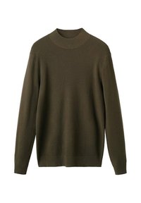 Maglione lavorato a maglia verde oliva con scollatura a girocollo a costine, maniche lunghe e polsini e orlo a costine, caratterizzato da un motivo testurizzato su tutta la superficie.