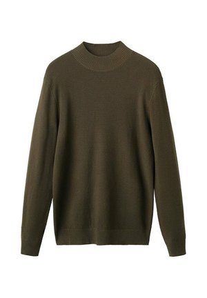 Jersey de color verde oliva tricotado con un cuello redondo acanalado, mangas largas, y puños y dobladillo acanalados, que presenta un patrón texturizado en toda su superficie.