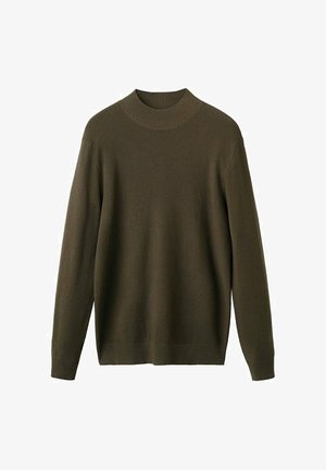 Pulover tricotat de culoare verde măsliniu, cu guler rotund ribborat, mâneci lungi și manșete și tiv ribborat, având un model texturat pe întreaga suprafață.
