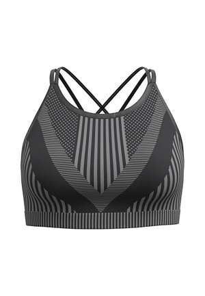 Czarny stanik sportowy z szarymi paskami. Krzyżowy design na plecach, teksturowany materiał oraz kontrastowe geometryczne akcenty z przodu.