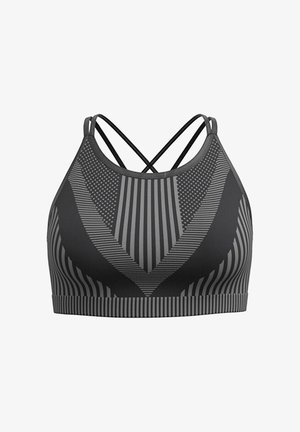 Zwarte sportbeha met grijze gestreepte patronen. Crossback-ontwerp, textuurstof en contrasterende geometrische accenten aan de voorkant.