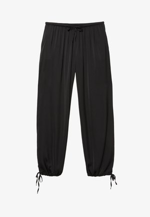 Schwarze, locker sitzende Hosen aus glattem Material. Verfügt über einen elastischen Bund mit Kordelzug und geraffte Bündchen mit Bindebändern.