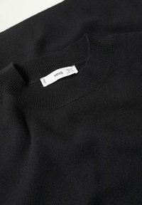 Schwarzer Pullover aus weichem Strickmaterial, mit einem gerippten Rundhalsausschnitt und einem ins Nacken genähten Etikett. Keine sichtbaren Muster oder Akzente.