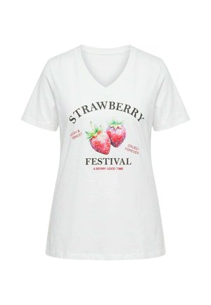 Camiseta blanca con cuello en V con dos grandes fresas y texto: "Festival de la Fresa", "Fresca y Dulce", "Cruely Forever" y "Un Tiempo Muy Frutal."
