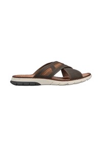 Brown slide sandals with cross-over straps, made of textured synthetic material and leather accents. Features a cushioned sole with black tread.