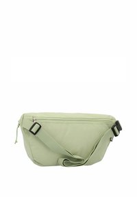 Groene, zachte stof schoudertas met een verstelbare strap, ritssluiting en plat ontwerp met een minimalistische stijl en zonder zichtbare patronen.