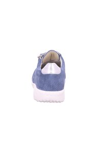 Blue perforated suede sneaker with a white rubber sole and silver accent on the heel. Features a zip closure for easy entry.