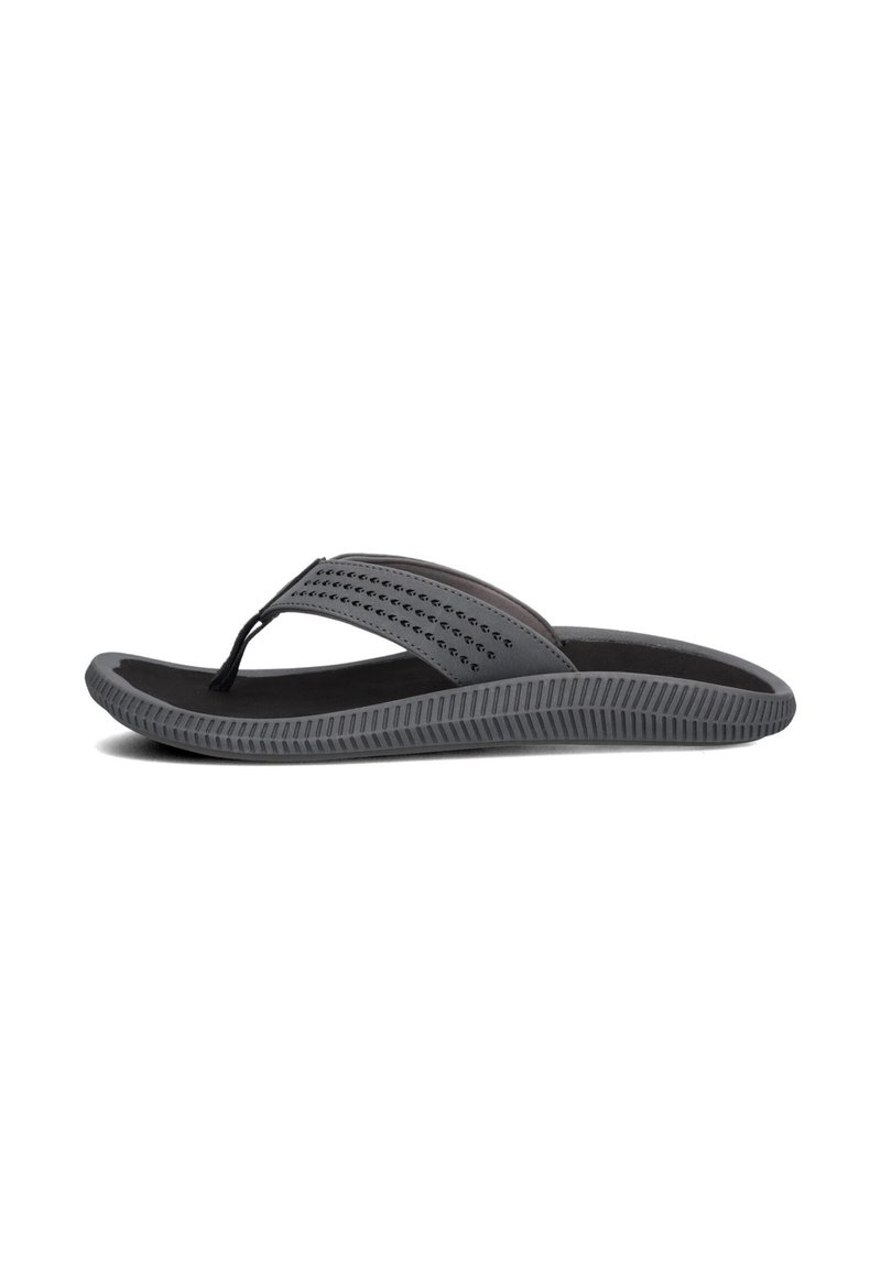 Grijze teenslipper met een gestructureerde zwarte zool, een dunne band met perforaties en een flexibele rubberen constructie voor comfort en draaggemak.