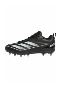 Scarpa da calcio nera con tomaia sintetica, dotata di tre strisce bianche, superficie texture e tacchetti trasparenti nella suola per una migliore aderenza.