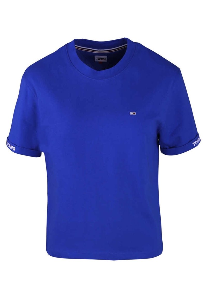 Modré bavlněné tričko s kulatým výstřihem, krátkými rukávy a logem na rukávu. Hladká textura, uvolněný střih, jednoduchý design.