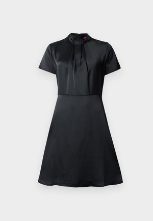 Black satin dress with short sleeves, a high collar, and pleated detailing at the neckline. A-line silhouette with a smooth texture.