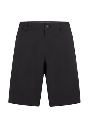 Pantaloncini neri realizzati in tessuto liscio, caratterizzati da un design classico con chiusura frontale a bottone e passanti per cintura. Taglio a gamba dritta con tasche.