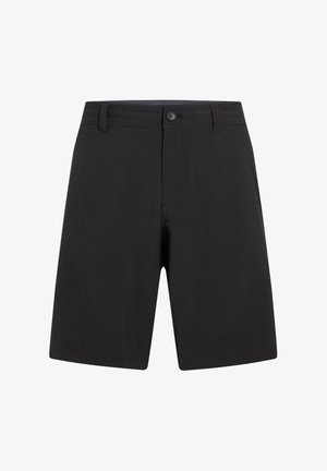 Črne kratke hlače iz gladkega blaga z klasičnim dizajnom, spredaj z gumbom in z zankami za pas. Ravne hlačnice z žepi.