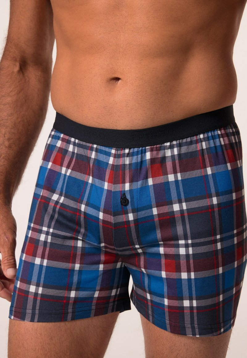 Pánské boxerky v kostkovaném vzoru se modrými, červenými a šedými čtverci. Elastický černý pás s detailem středového knoflíku. Měkká bavlněná tkanina.