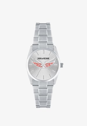 Orologio da polso in metallo argento con bracciale a maglie, quadrante rotondo, indicatori delle ore minimali, design con ali di fiamma rossa e logo "Zadig & Voltaire" sul quadrante.