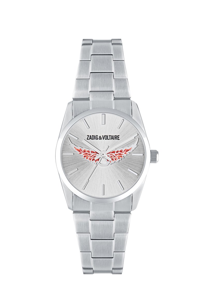 Srebrny metalowy zegarek na rękę z bransoletą z ogniw, okrągłą tarczą, minimalistycznymi znacznikami godzin, wzorem skrzydła w czerwonym płomieniu oraz logo "Zadig & Voltaire" na tarczy.