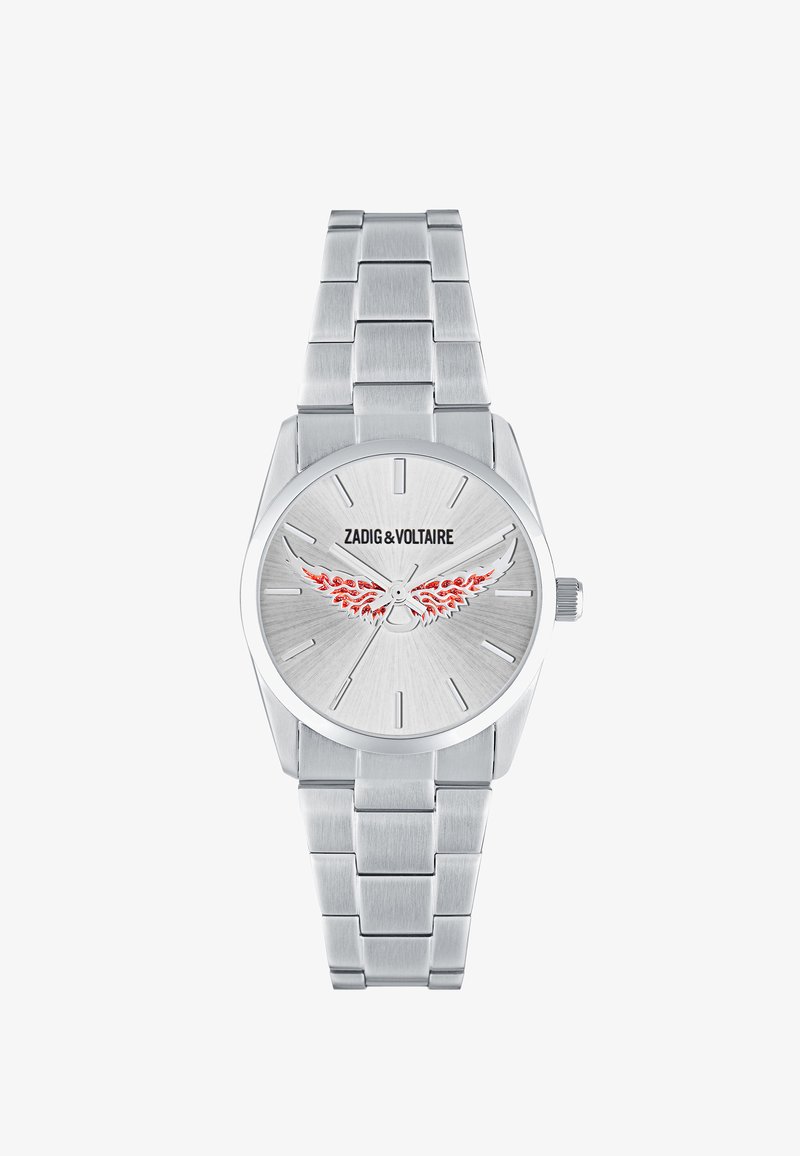 Srebrny metalowy zegarek na rękę z bransoletą z ogniw, okrągłą tarczą, minimalistycznymi znacznikami godzin, wzorem skrzydła w czerwonym płomieniu oraz logo "Zadig & Voltaire" na tarczy.
