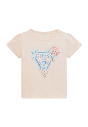 T-shirt rosa pallido a maniche corte con bottoni sulle spalle, caratterizzato da un logo triangolare blu e grafiche di farfalle floreali. Materiale in cotone morbido.