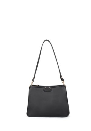 Black leather shoulder bag with a smooth texture, a flat shape, and a single adjustable strap. Features gold-tone hardware and a simple closure.