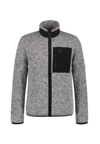 Gray and black zip-up jacket featuring a textured fabric, high collar, and a black chest pocket with a zipper detail.