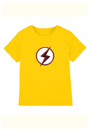 Yellow t-shirt featuring a central round emblem with a red lightning bolt inside a white circle outlined in red.