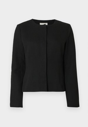 Μαύρο, εφαρμοστό σακάκι με στρογγυλή λαιμόκοψη, μακριά μανίκια και κλείσιμο στο μπροστινό μέρος χωρίς ραφές. Κατασκευασμένο από υφασμένο ύφασμα με κάθετες ραφές.