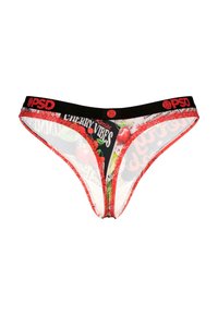 Ceinture noire et rouge avec logo, présentant un corps transparent orné d'un motif de cerises et de texte vibrant. Détail en dentelle.