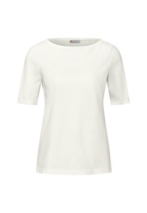 Bílé dámské tričko s krátkým rukávem, kulatým výstřihem, rovný střih a viditelná značka Street One uvnitř límce.