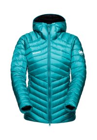 Teal vadderad jacka med huva, full dragkedja framtill, sidofickor och Mammut-logotyp på bröstet och ärmen.
