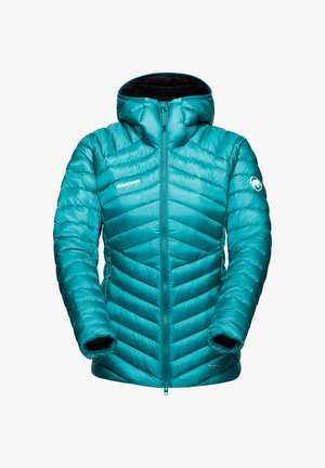 Veste matelassée teal avec capuche, zip intégral sur le devant, poches latérales et logo Mammut sur la poitrine et la manche.