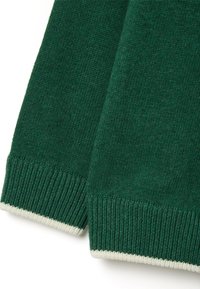 Dettaglio di un maglione verde lavorato a maglia con polsini a coste e orlo di colore crema a contrasto, che mette in evidenza una texture liscia e un design semplice.