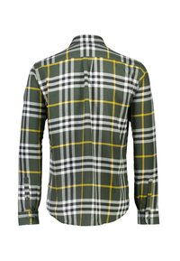 Camicia a quadri verdi con linee bianche e gialle, colletto a bottoni, maniche lunghe e orlo dritto. Realizzata in un tessuto morbido.